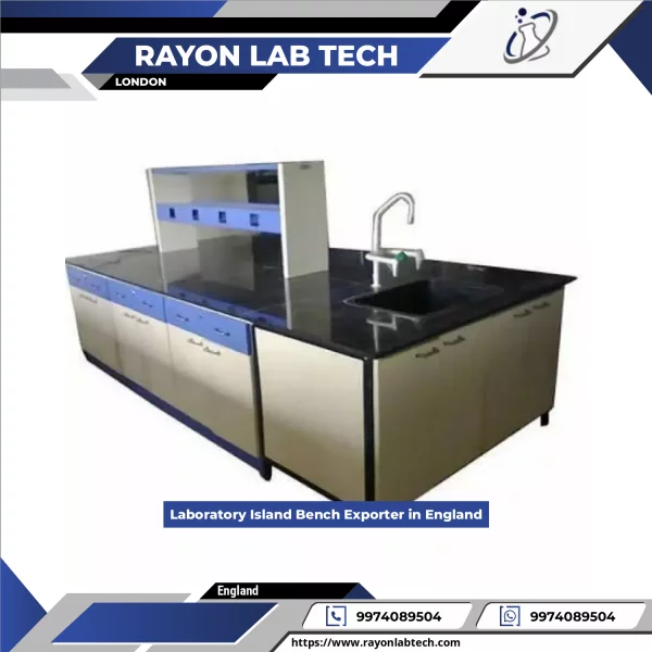 Laboratory Island Bench Made Of Powder Coated Mild Steel With Integrated Storage Compartments In A Clean Laboratory Setting