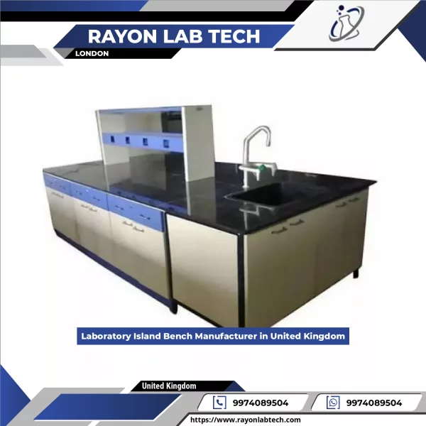 Laboratory Island Bench Showing Sturdy Metal Frame And Chemical Resistant Surface