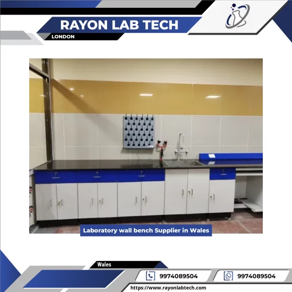Laboratory Wall Bench Installed Along Laboratory Room Wall Showing Workspace Surface And Storage Units