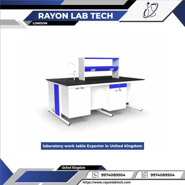 Laboratory Work Table With Metal Frame And Wooden Top In A Lab Setup