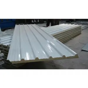 PUF Insulated Panel Showing Cross Section Of Rigid Foam Core Between Metal Sheets