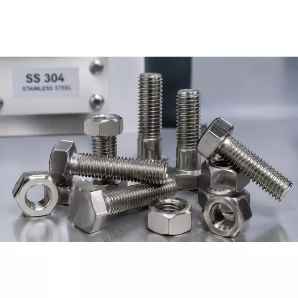 Close-up Image Of Stainless Steel Nut Bolt Set Showing Threads And Hexagonal Head