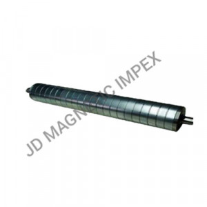 Industrial Roller Magnet Installed On Conveyor Belt Capturing Ferrous Metals