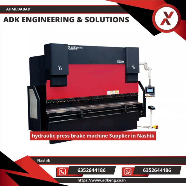 Hydraulic Press Brake Machine In Operation Bending Metal Sheet