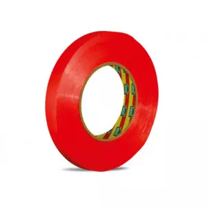 Rolls Of Red Polyester Adhesive Tape Neatly Stacked