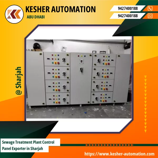Sewage Treatment Plant Control Panel Showing Wired Electrical Components Inside Metal Enclosure